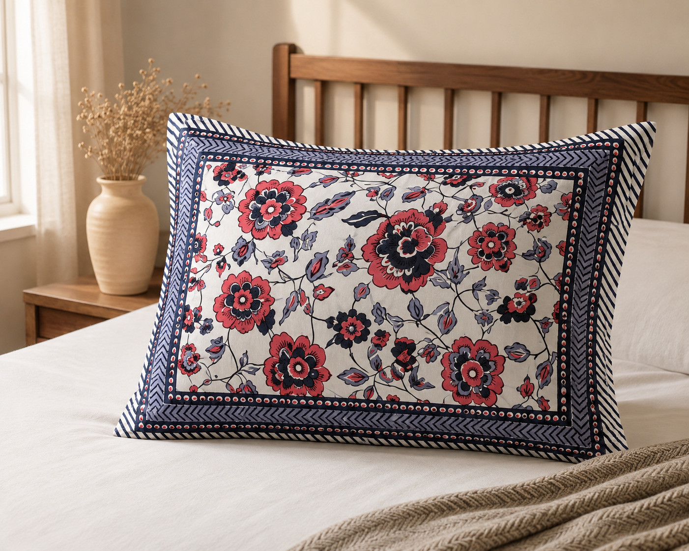 Close-up of pillow cover front showing red and navy hand block floral print with chevron border