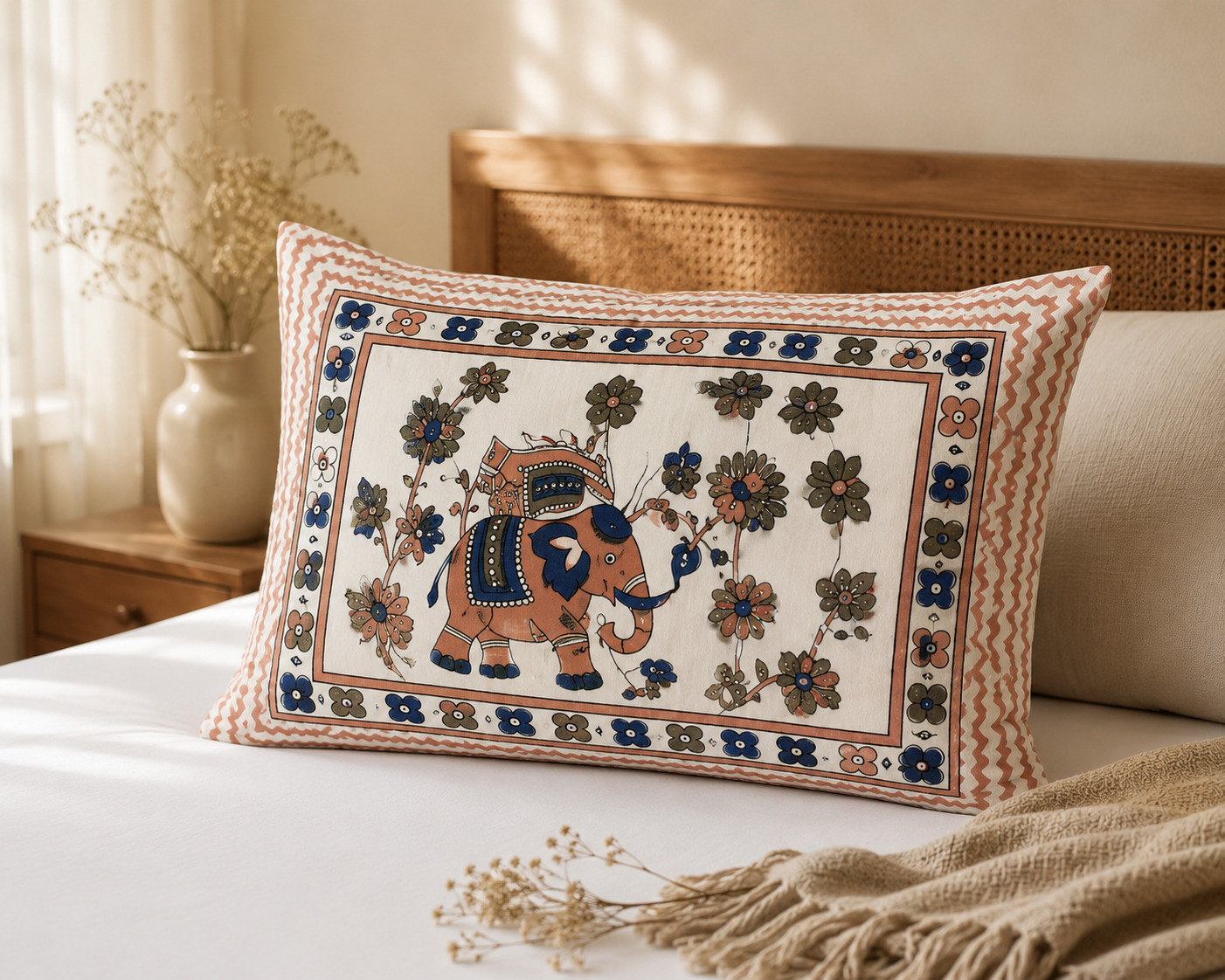 Close-up of pillow cover showing hand block printed elephant motif framed by zigzag floral border