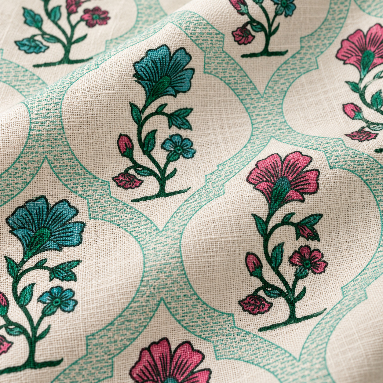 Close-up of pink and blue floral vine print on mint trellis cotton fabric