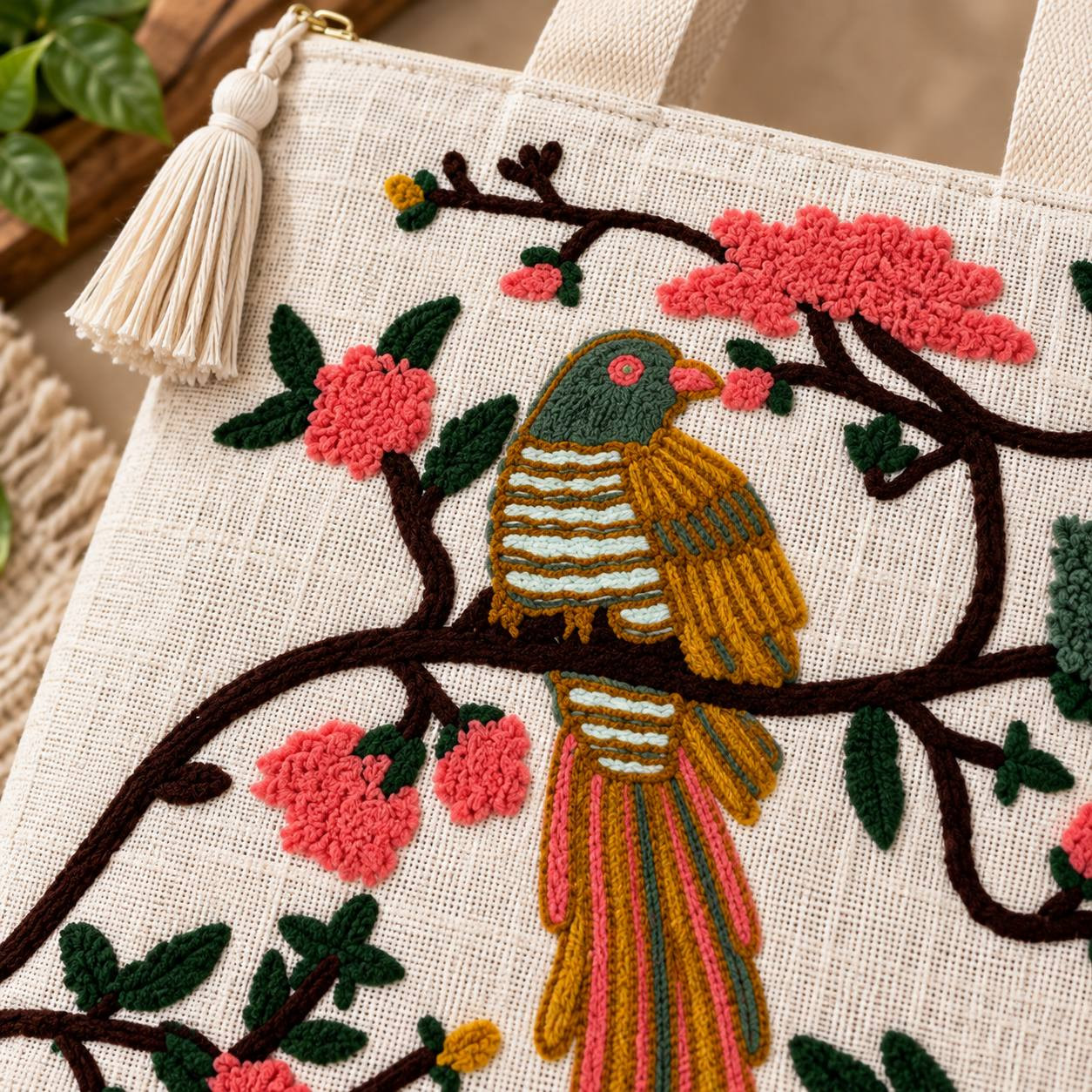 Close-up of punch-needle bird embroidery detail on flowering branch with tassel zipper pull