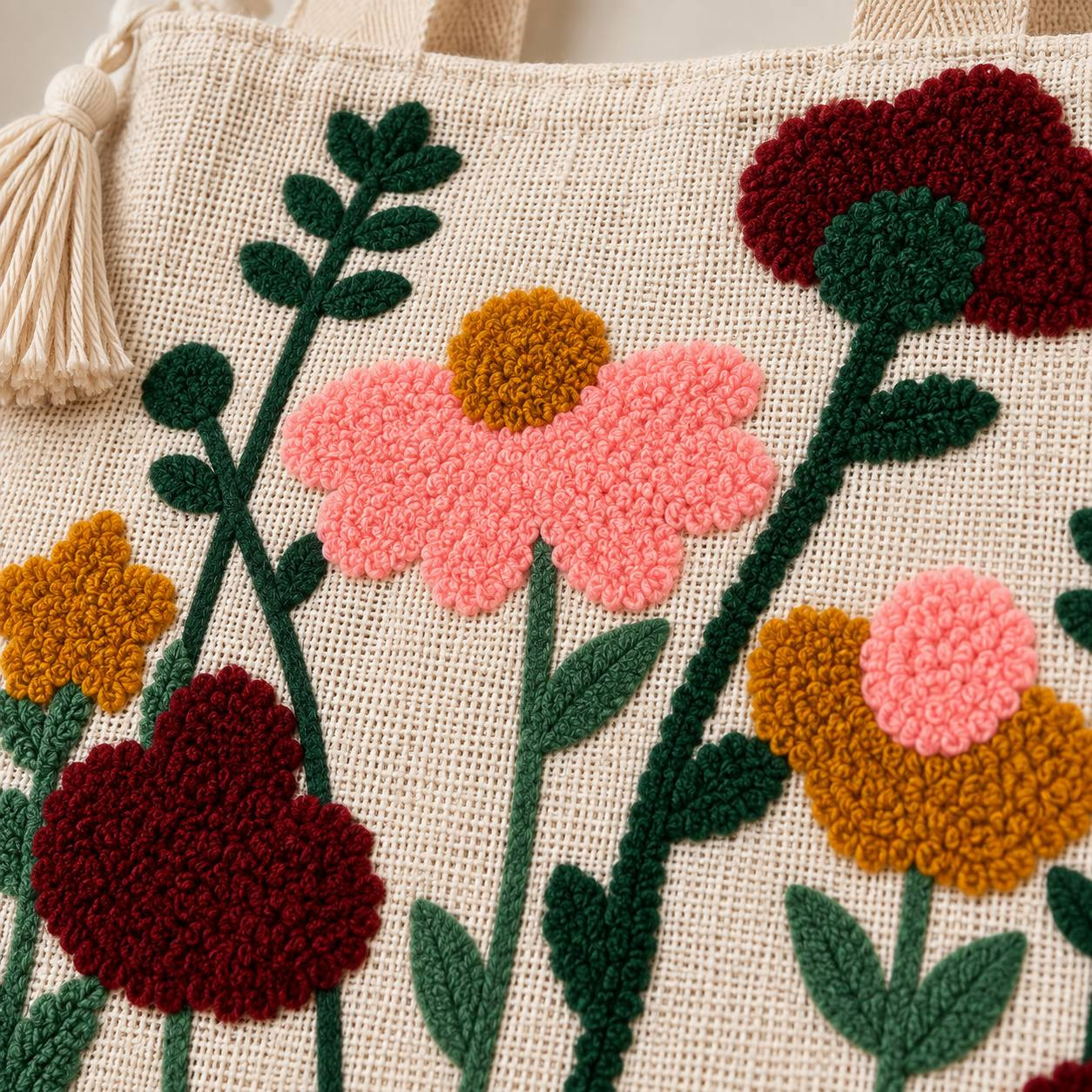Close-up of punch-needle floral embroidery detail on canvas tote bag