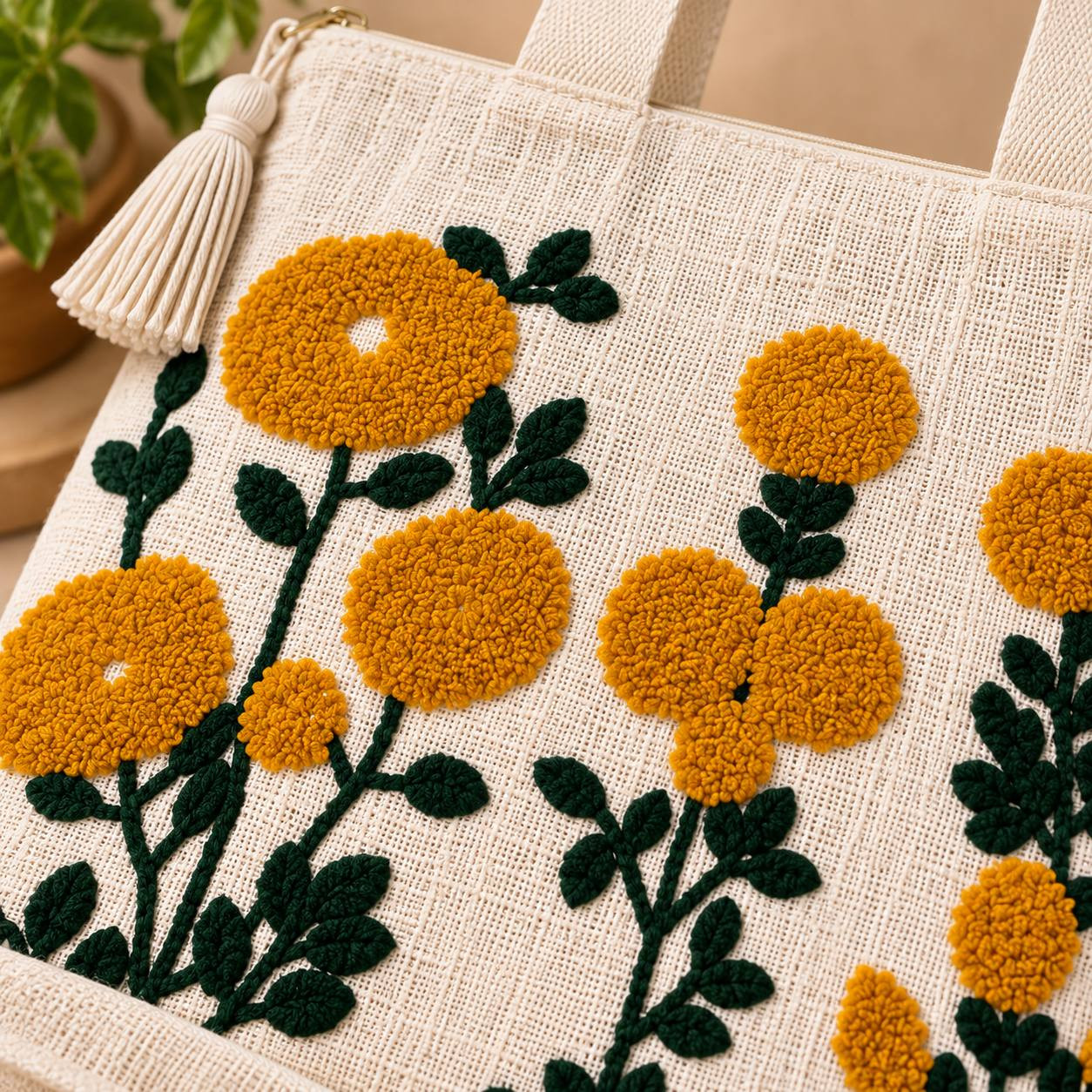 Close-up of punch-needle marigold flower embroidery detail with tassel zipper pull