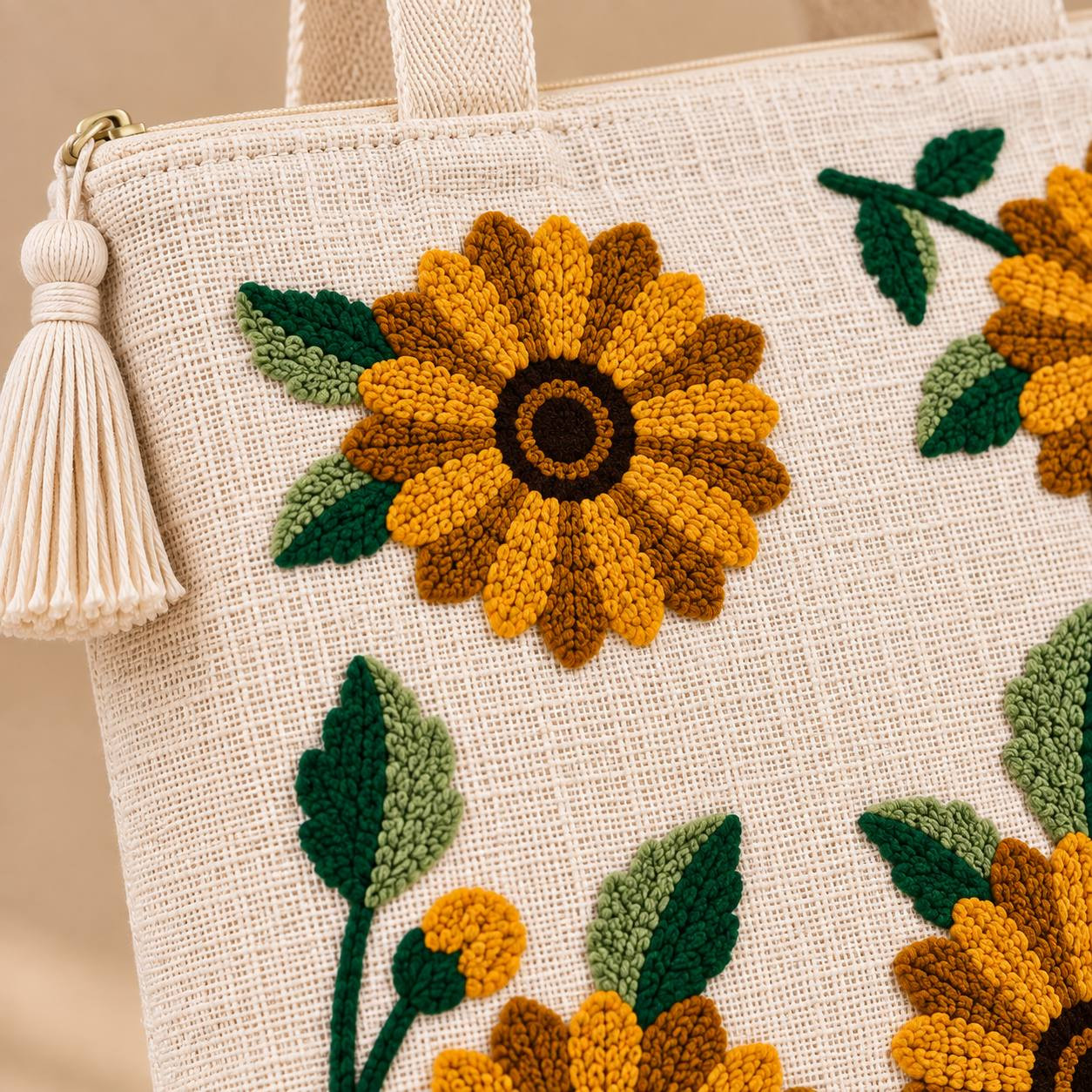 Close-up of punch-needle sunflower embroidery detail with tassel zipper pull