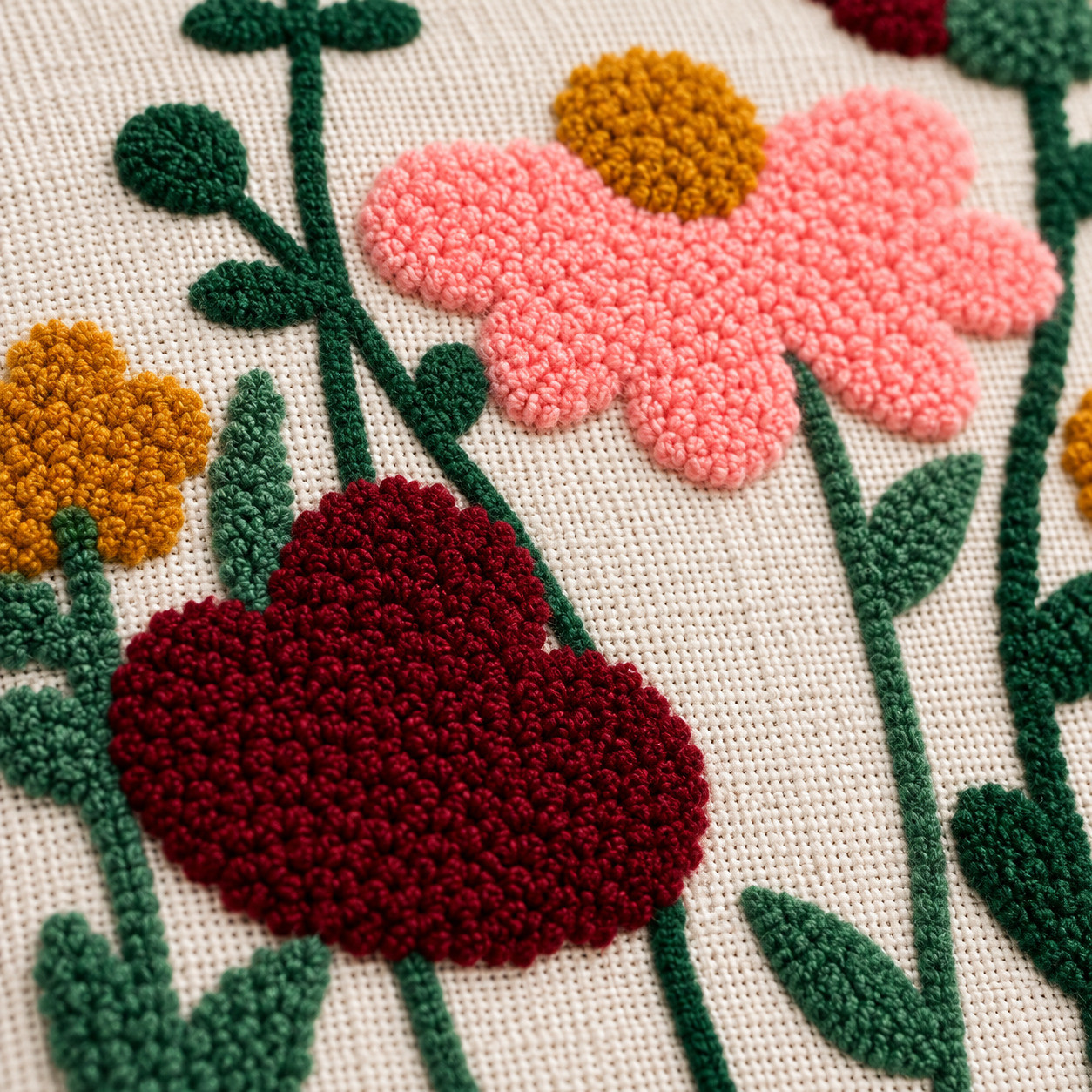Close-up of punch needle tufted pink and maroon flowers with raised loop stitch texture