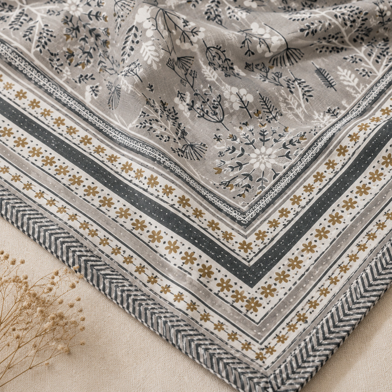 Close-up of slate botanical hand block printed cotton dohar corner showing multi-row mustard floral and herringbone border