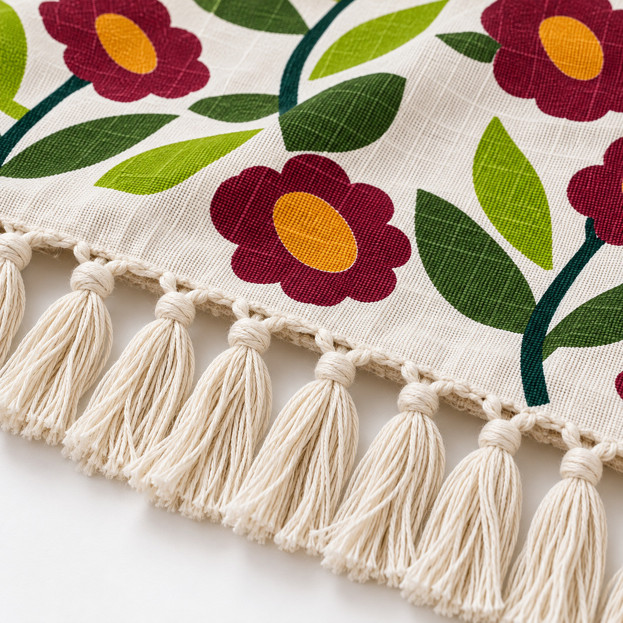 Close-up of tassel fringe edge on burgundy poppy print cotton sofa throw