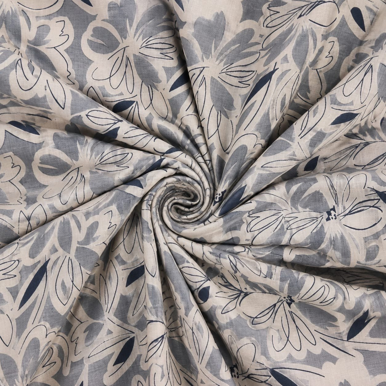 Close-up swirl of grey hand block printed cotton dohar fabric with outlined daisy floral pattern