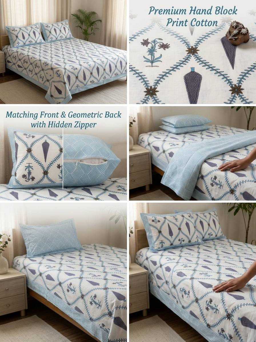 Collage of hand block printed bedsheet showing fabric close-up hidden zipper pillow cover and reverse geometric print