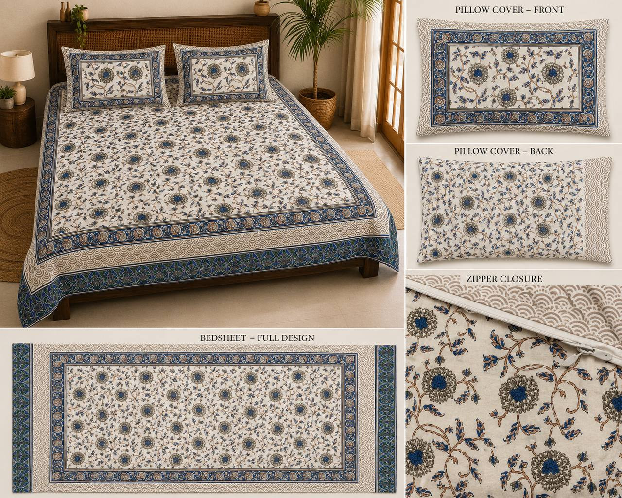 Collage of hand block printed floral bedsheet showing full design pillow cover front and back and zipper closure detail
