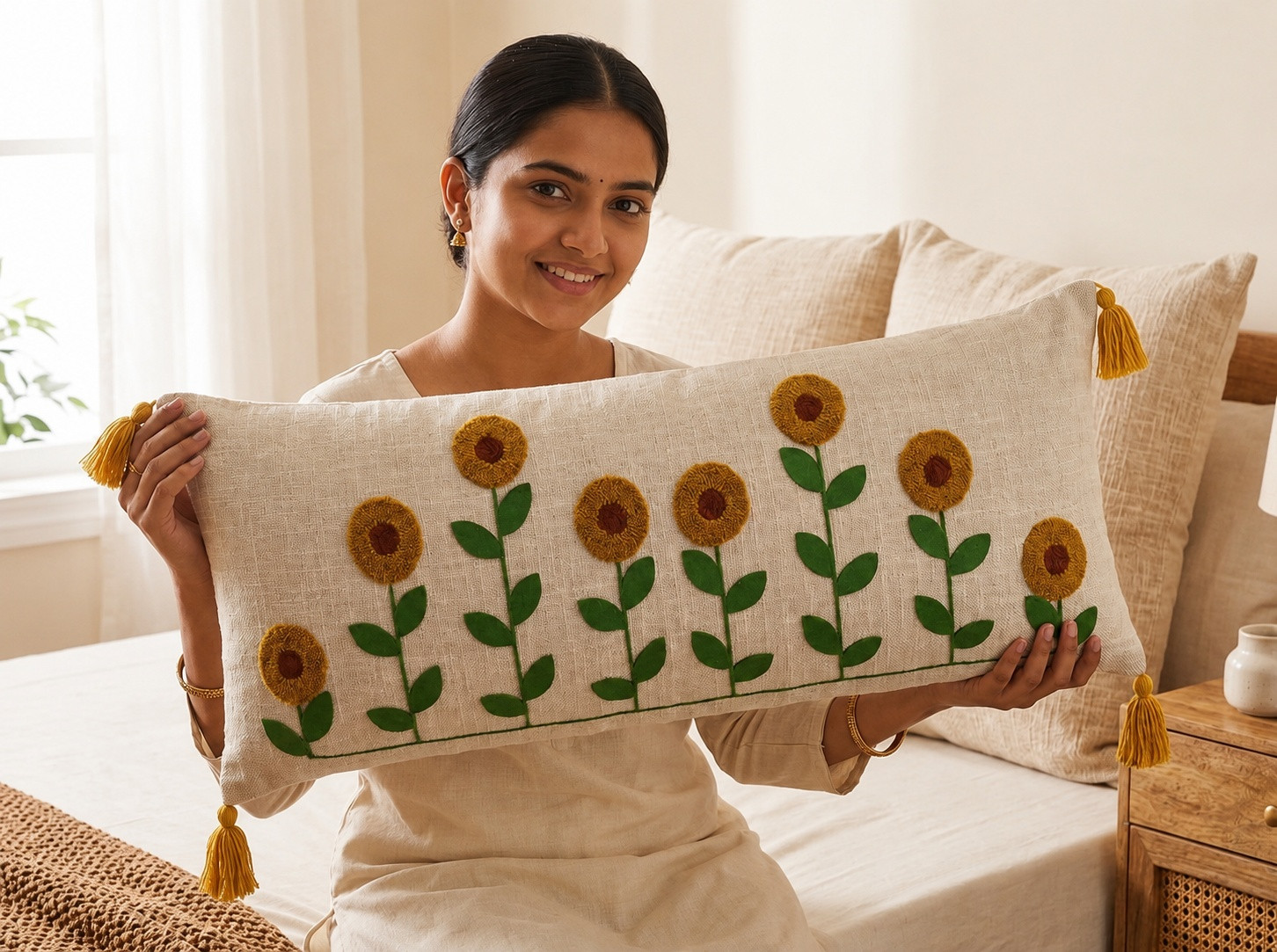 Woman holding ivory lumbar cushion cover with embroidered sunflower design and mustard tassels
