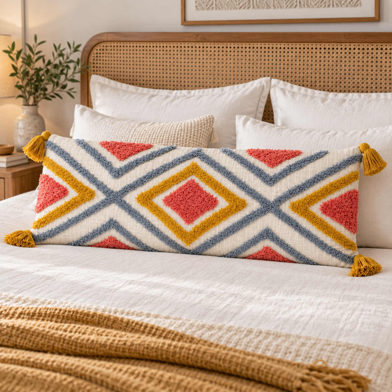 Coral mustard tufted diamond lumbar cushion cover on bed with rattan headboard
