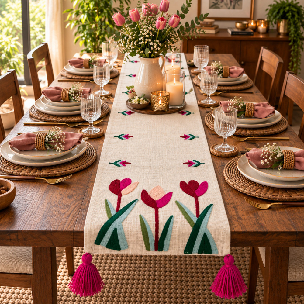 Image of Hand Embroidered Tulip Table Runner with Pink Tassels