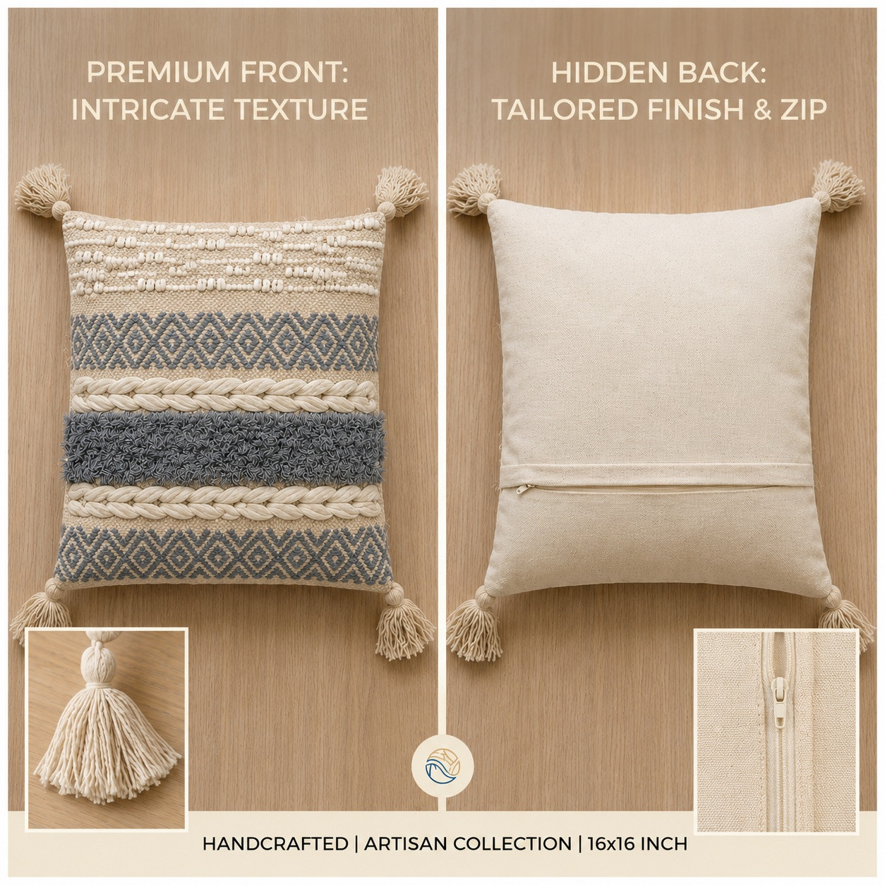 Front and back view of grey boho cushion cover showing braided texture and hidden zipper closure
