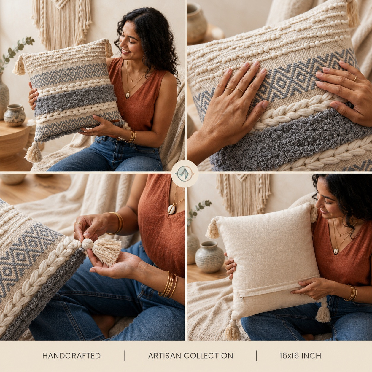 Woman holding grey diamond boho cushion cover showing braided and tufted texture detail