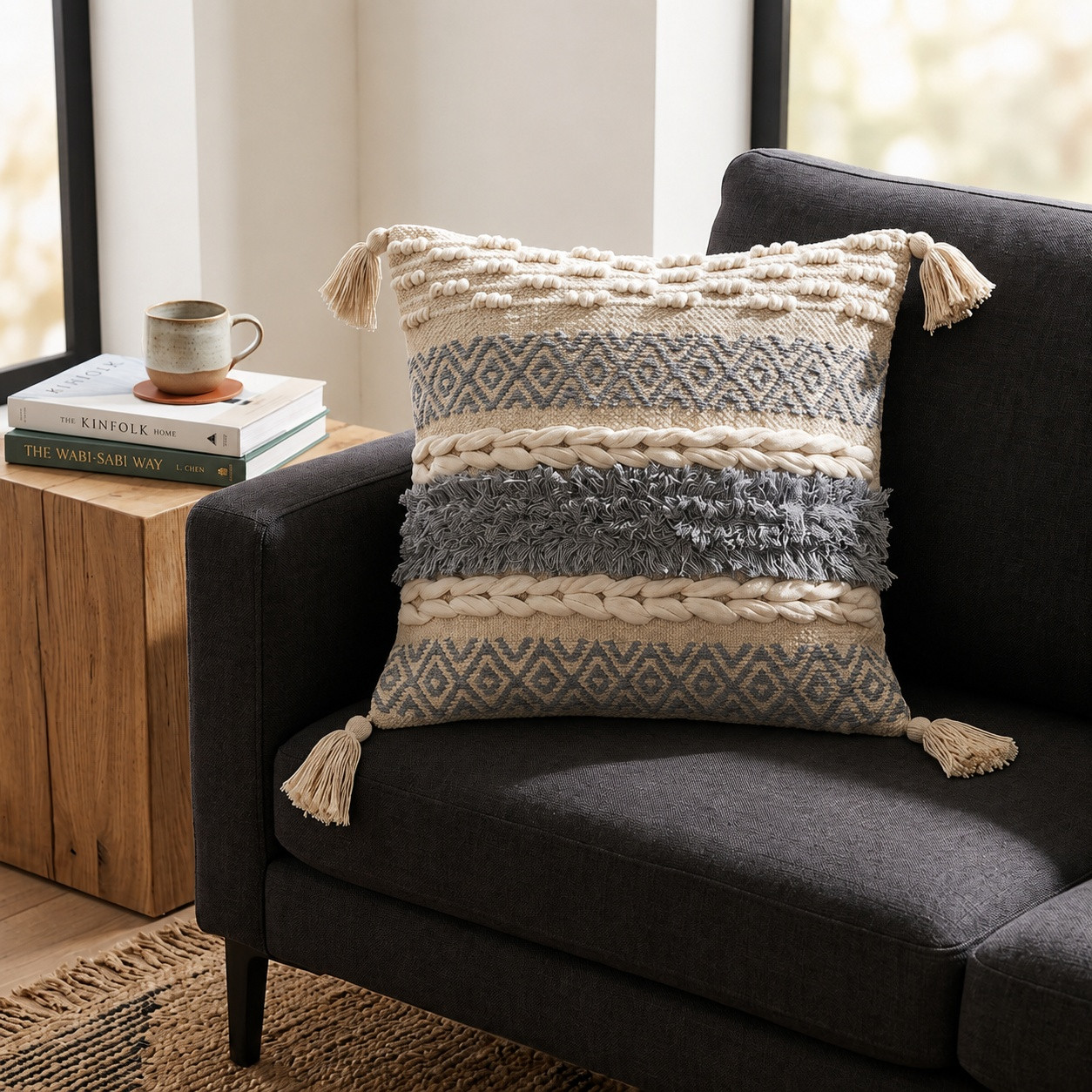 Grey and ivory boho cushion cover with tassels styled on charcoal sofa near books
