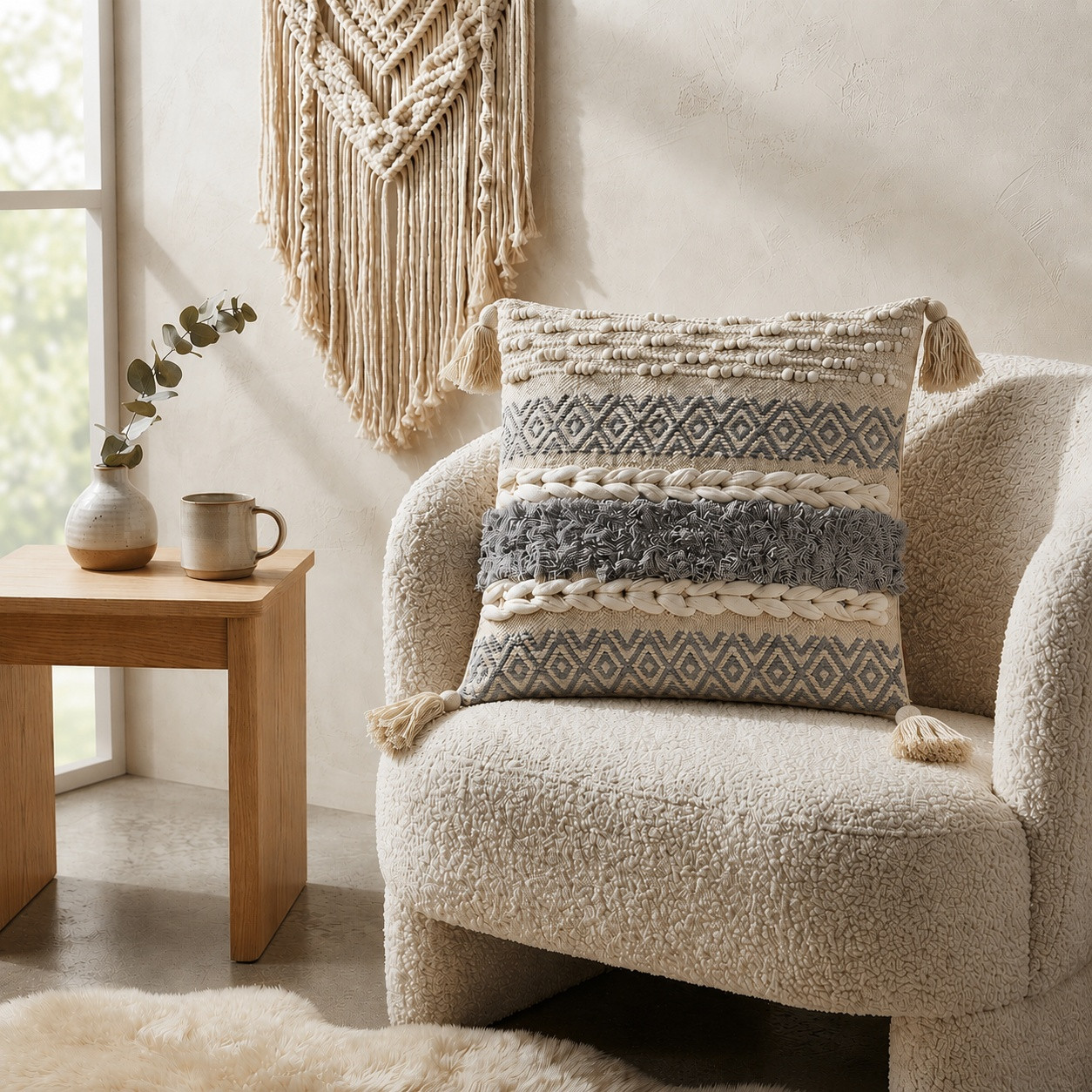 Grey diamond boho cushion cover with braided trim and tassels near macrame wall hanging