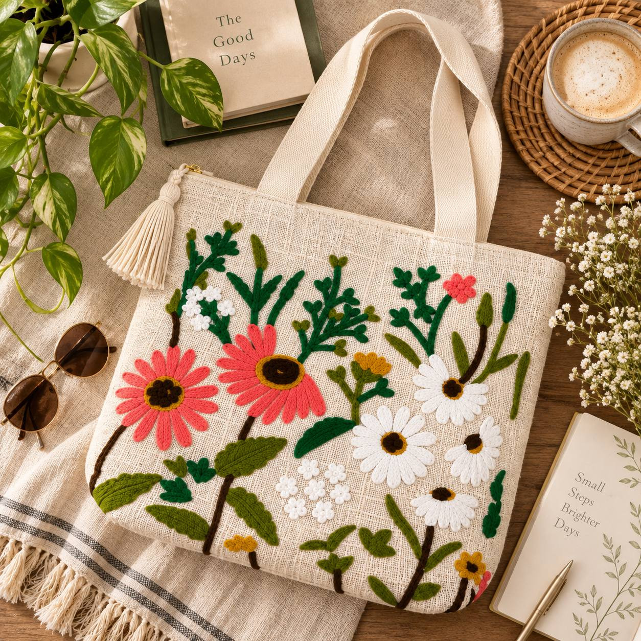 Daisy garden chain-stitch embroidered tote bag flat lay with plant book and coffee