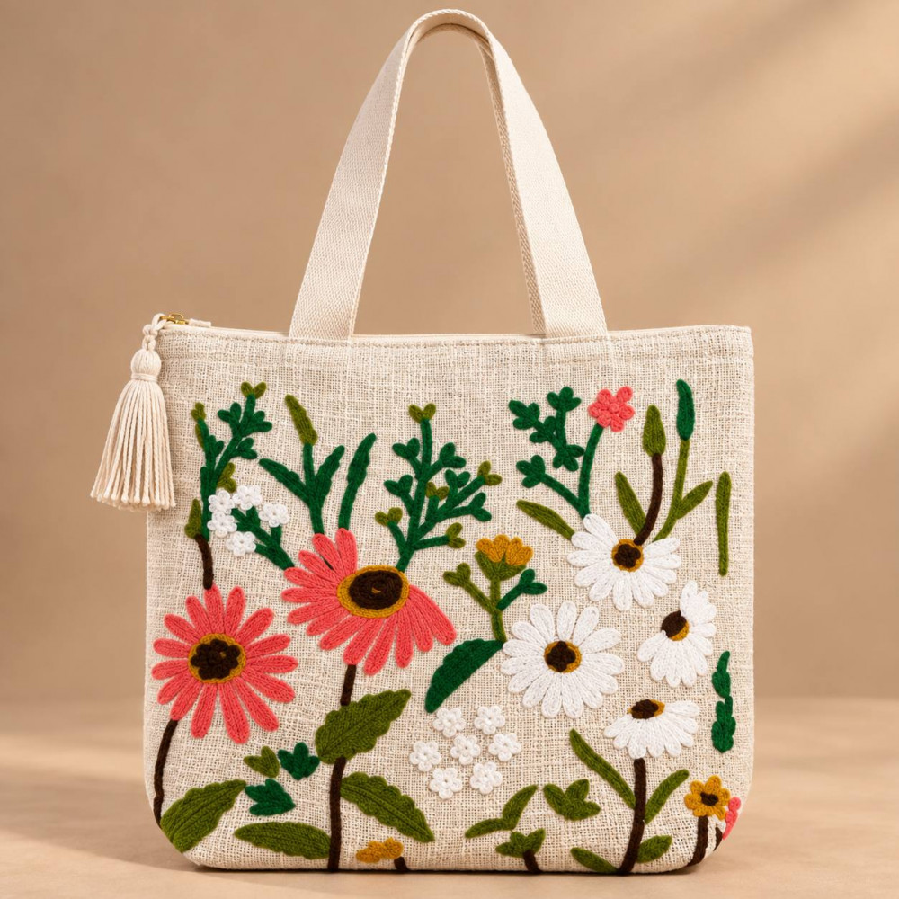 Image of Daisy Garden Chain-Stitch Embroidered Tote Bag