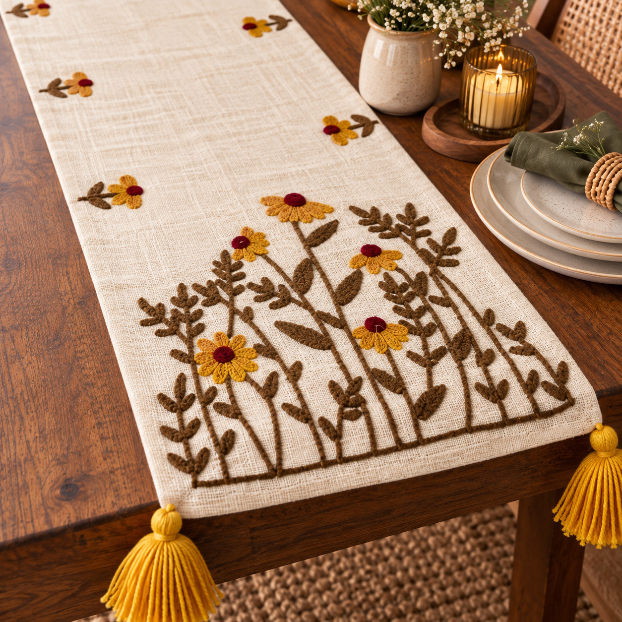 Embroidered Boho Table Runner Still Life