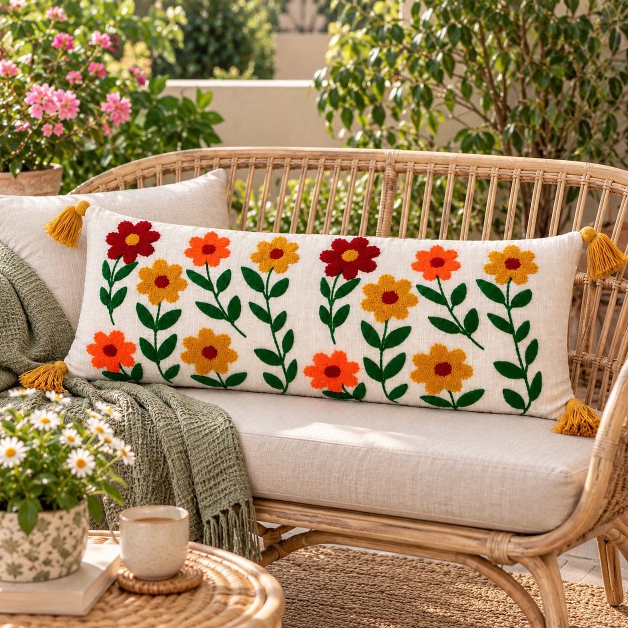 Embroidered daisy row lumbar cushion cover with tassels on outdoor rattan bench