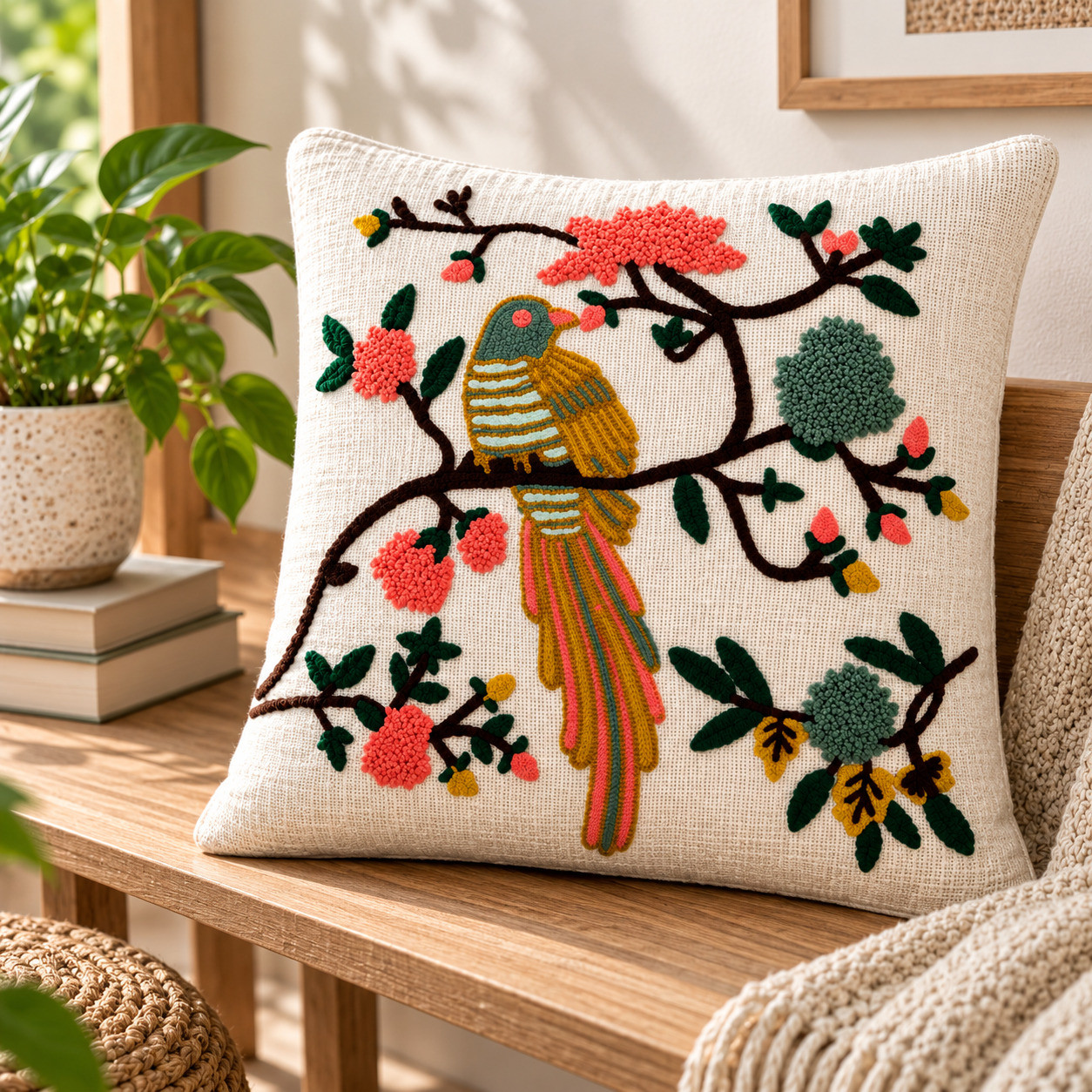 Embroidered exotic bird cushion cover 16x16 inch with blossom branch on wooden bench
