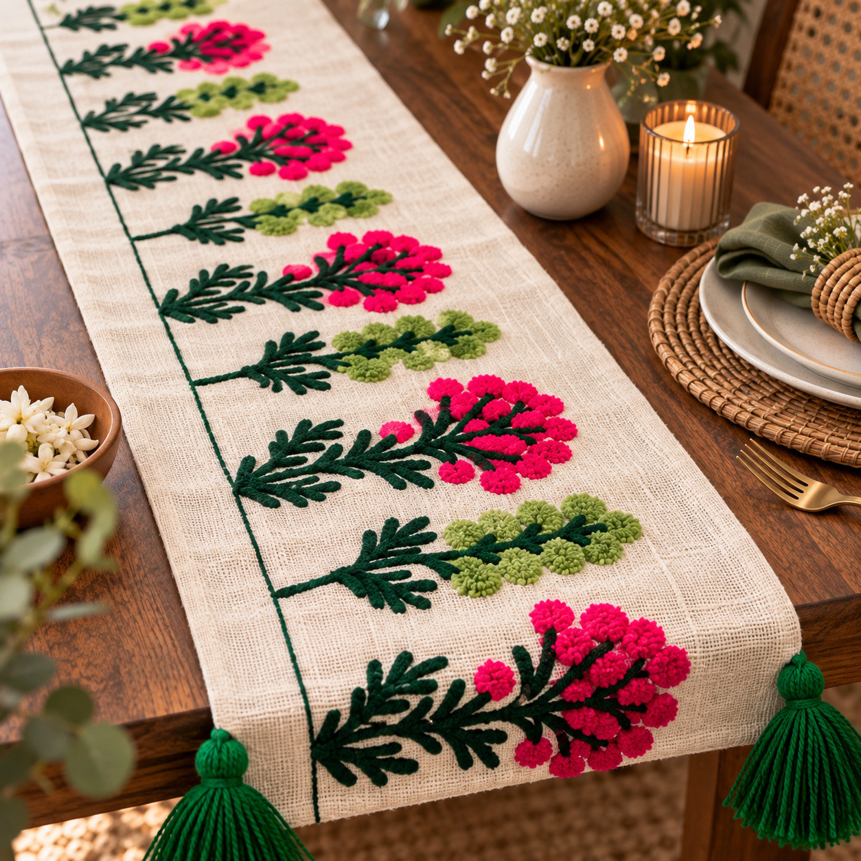 Embroidered Floral Runner Table Setting