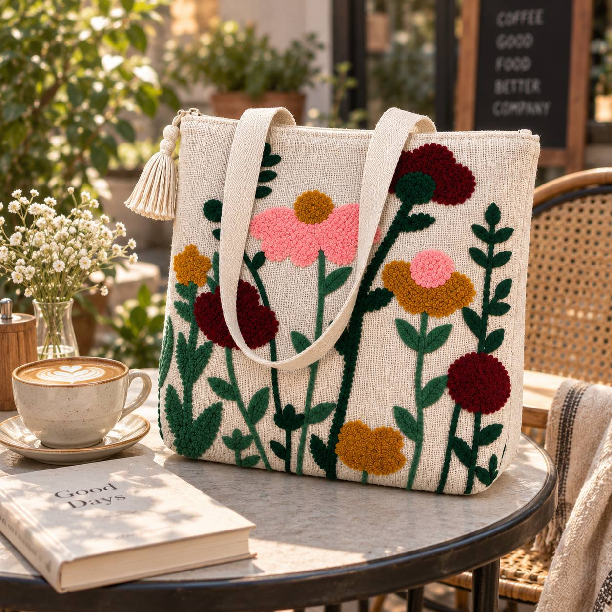 Embroidered floral tote bag placed on a caf table beside coffee and flowers
