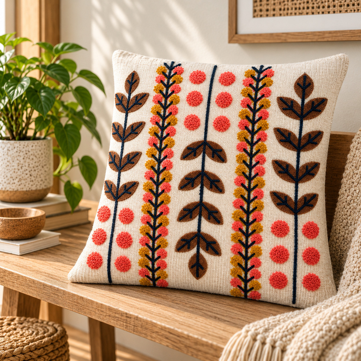 Embroidered leaf and floral stripe cushion cover 16x16 inch on wooden bench