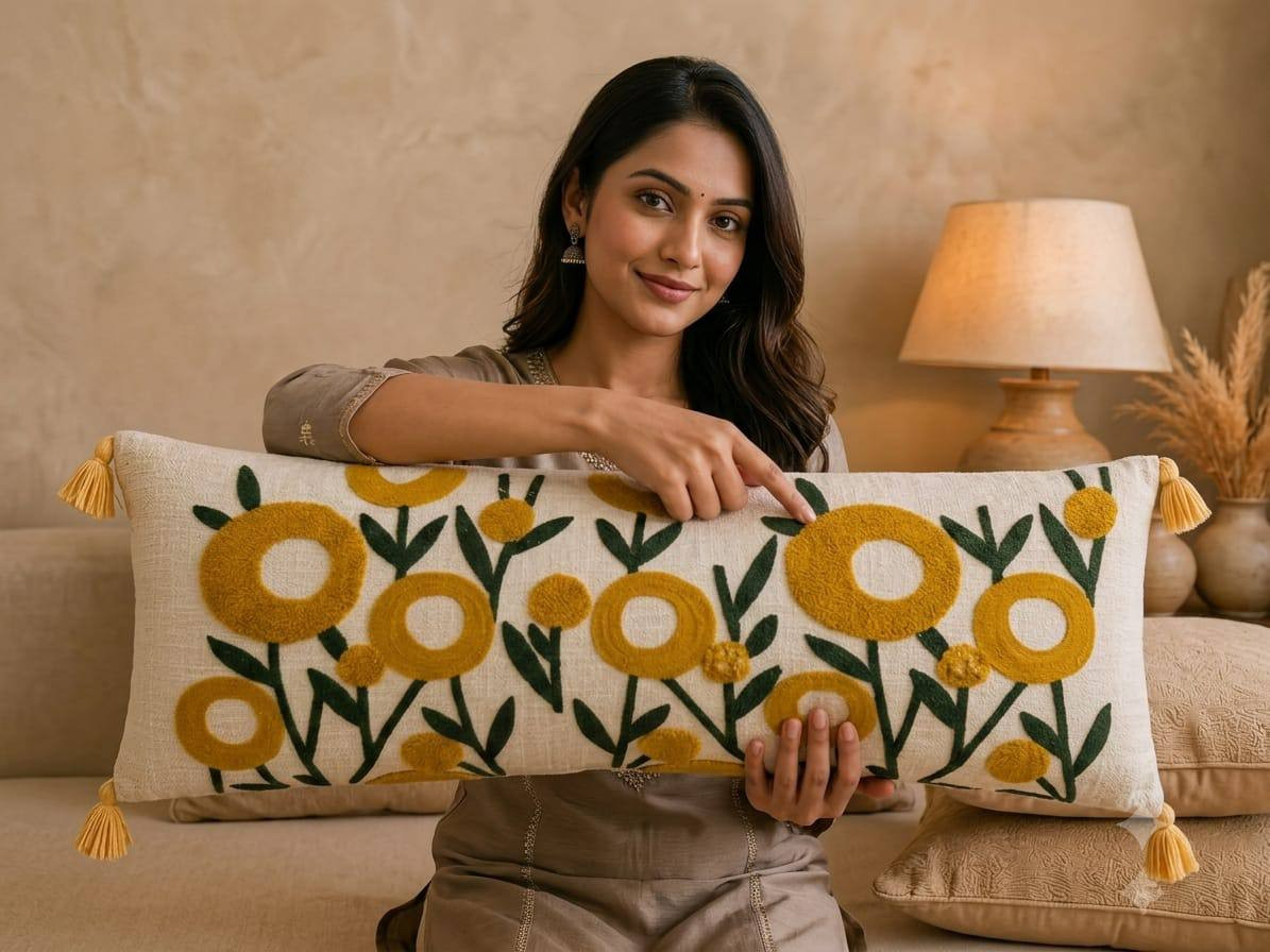Woman holding ivory lumbar cushion cover with mustard yellow embroidered ring floral pattern
