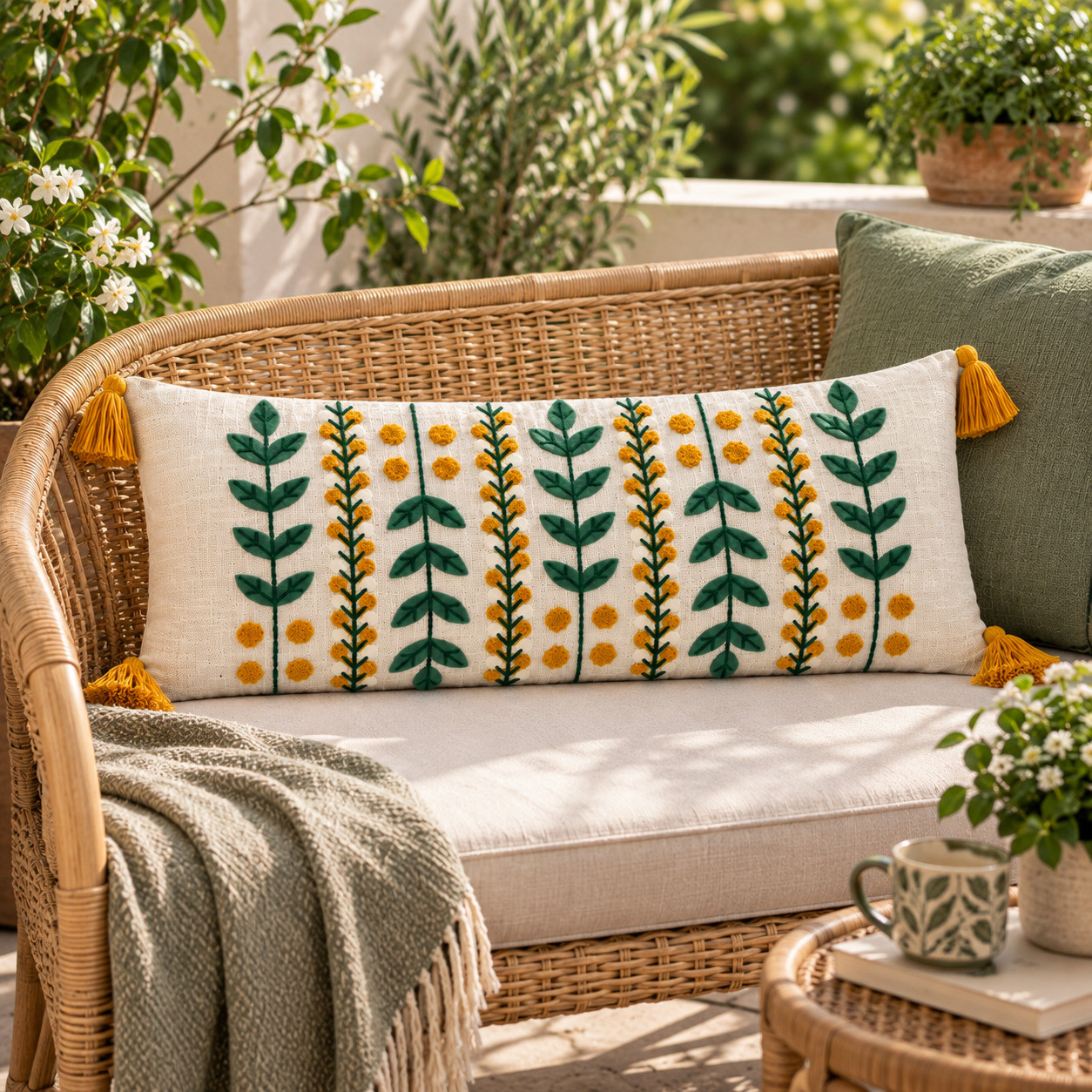 Embroidered lumbar cushion cover with mustard tassels styled on wicker outdoor bench
