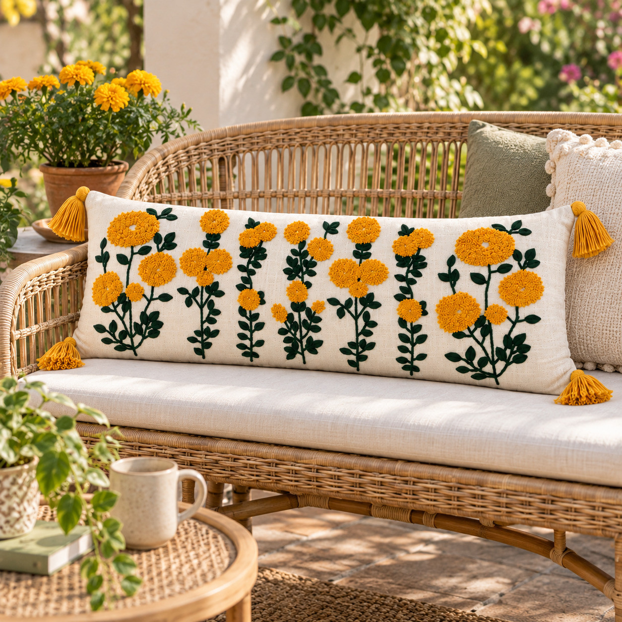Embroidered marigold row lumbar cushion cover with tassels on outdoor rattan bench