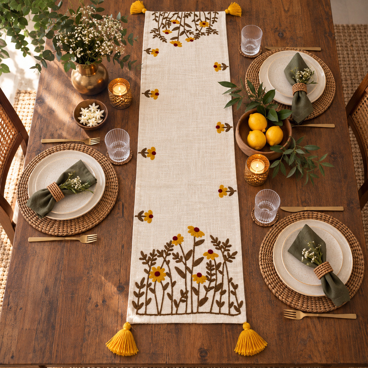 Embroidered Runner Rustic Table Setting