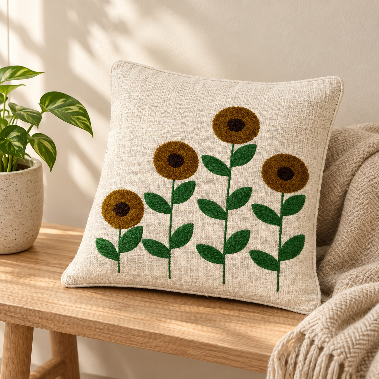 Embroidered sunflower cushion cover 16x16 inch with green stems on wooden bench