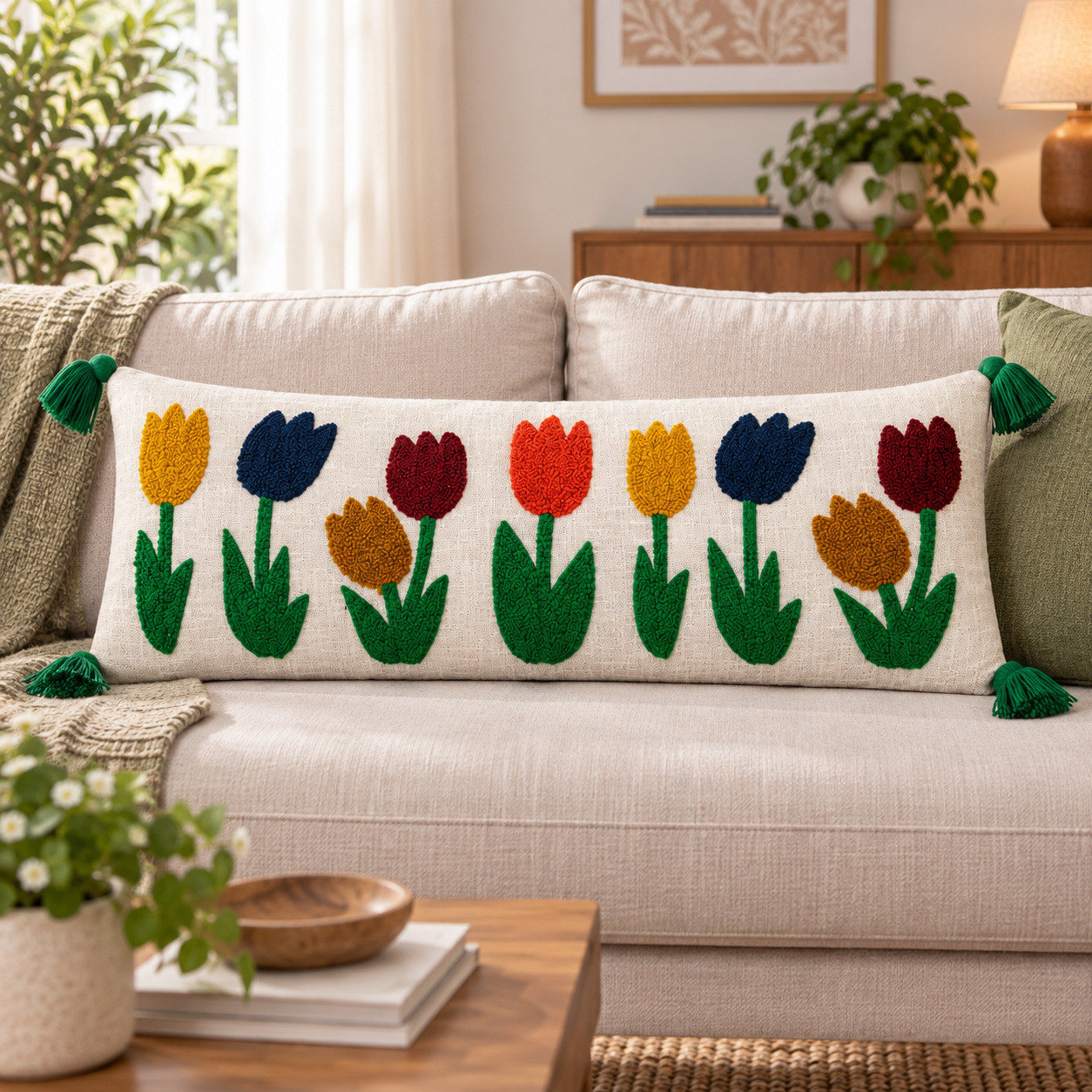 Embroidered tulip row lumbar cushion cover with tassels