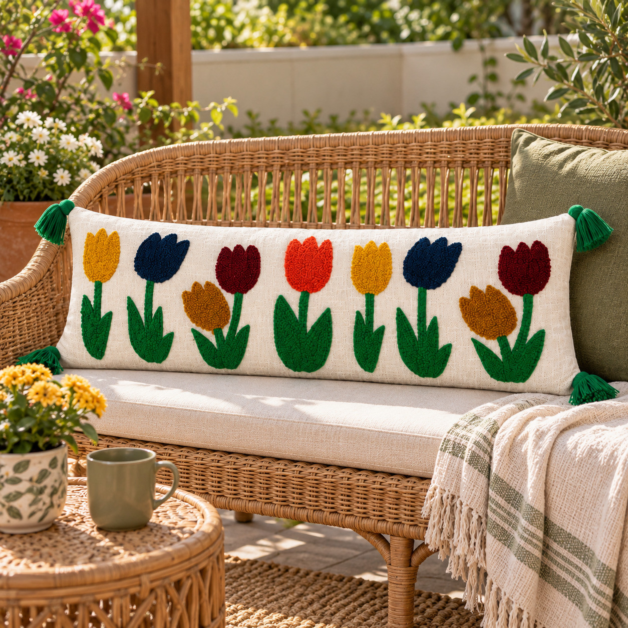 Embroidered tulip row lumbar cushion cover with tassels on outdoor rattan bench