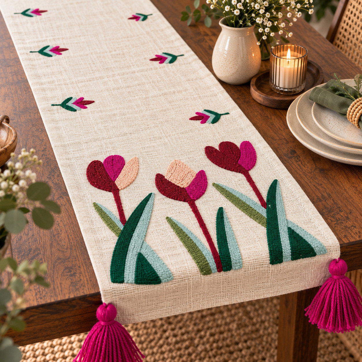 Embroidered Tulip Table Runner Still Life