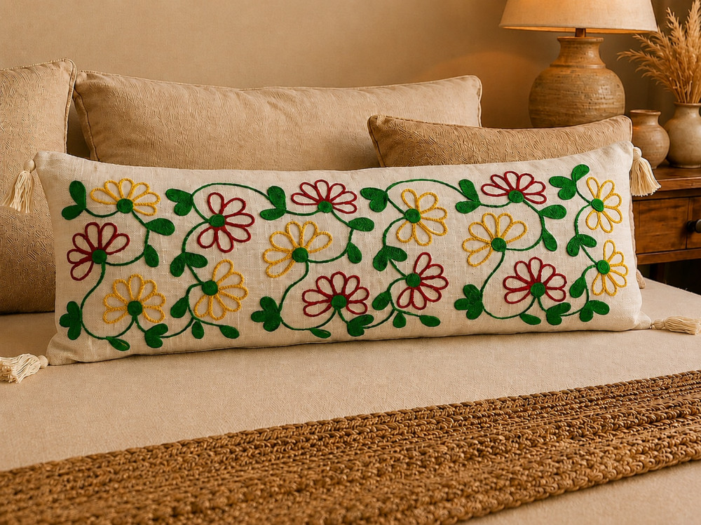 Image of Embroidered Floral Vine Lumbar Cushion Cover 14x36" (Ivory Multicolor)