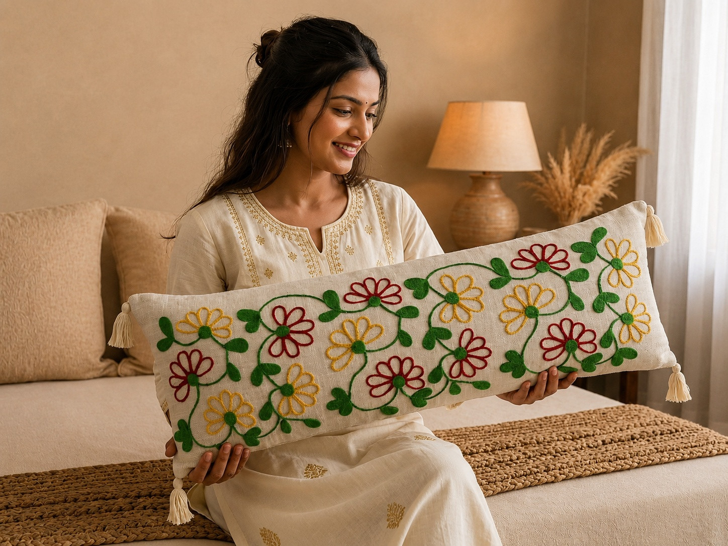 Woman holding ivory lumbar cushion cover with red and yellow embroidered floral vine pattern