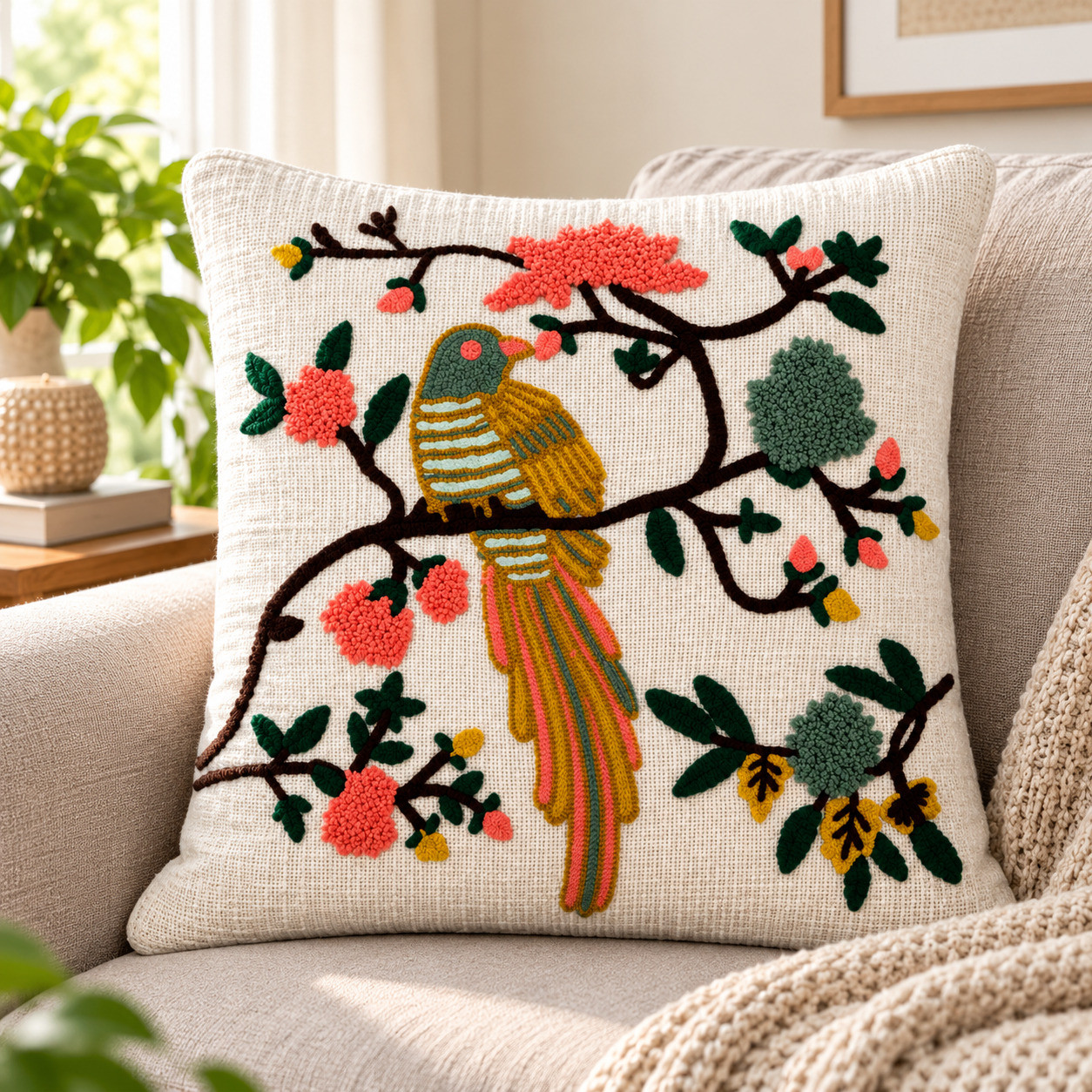 Exotic bird and floral branch embroidered cushion cover styled on beige sofa