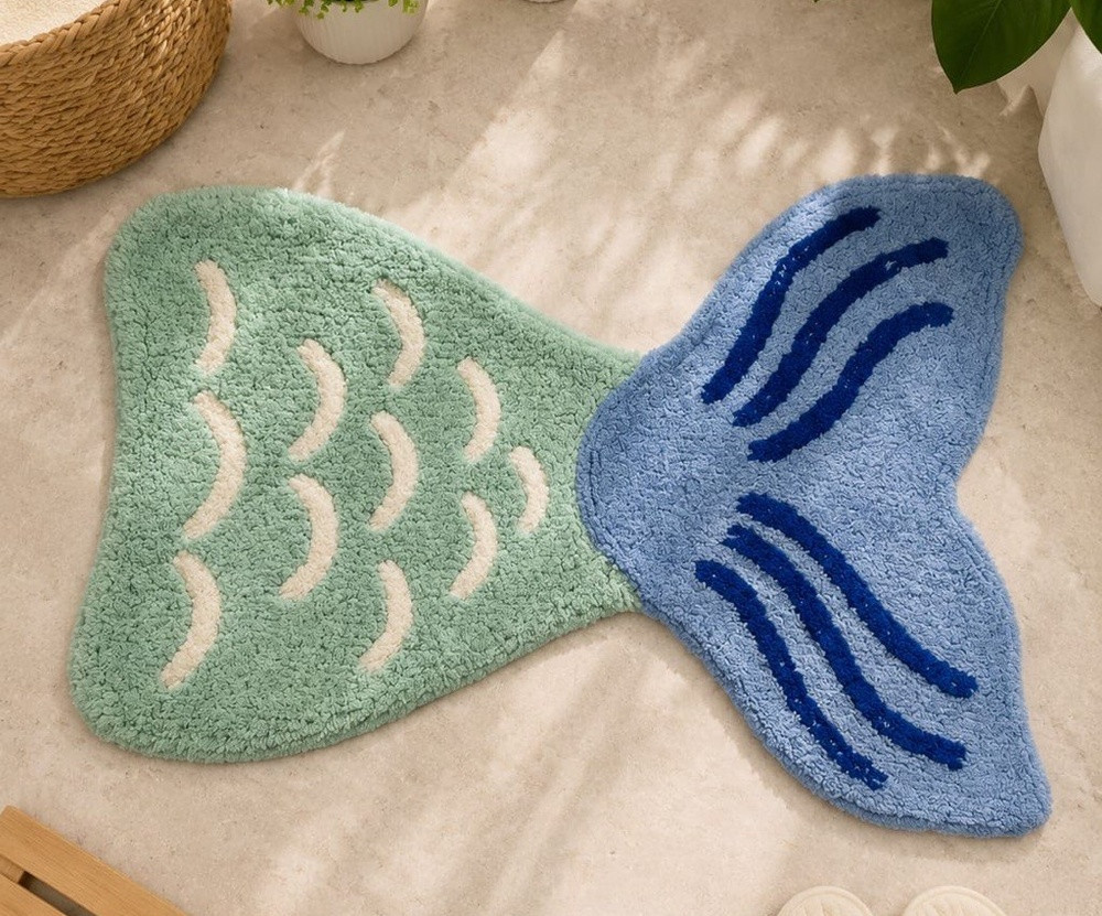 Blue and green tufted mermaid tail bathmat on bathroom floor near bathtub