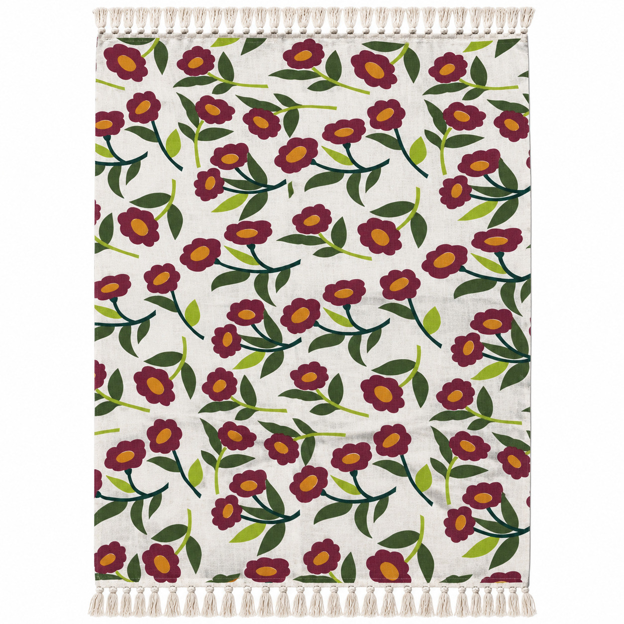 Flat lay of burgundy poppy vine cotton sofa throw with tassel fringe on all edges