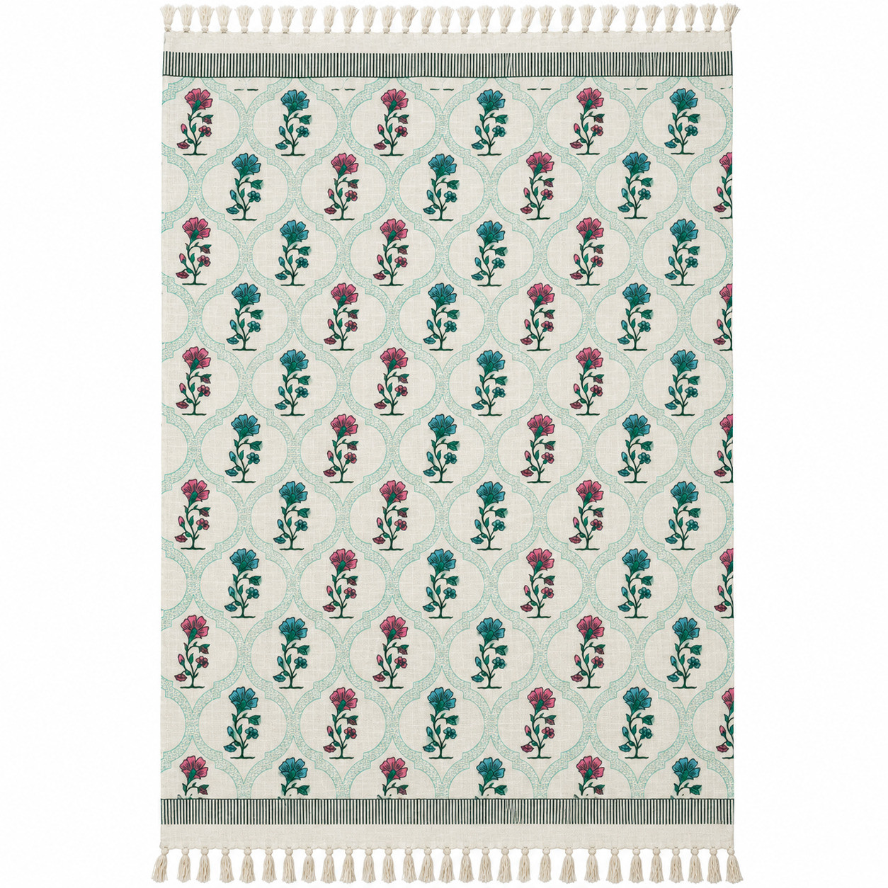 Flat lay of pink blue floral trellis cotton sofa throw with striped border and tassel fringe