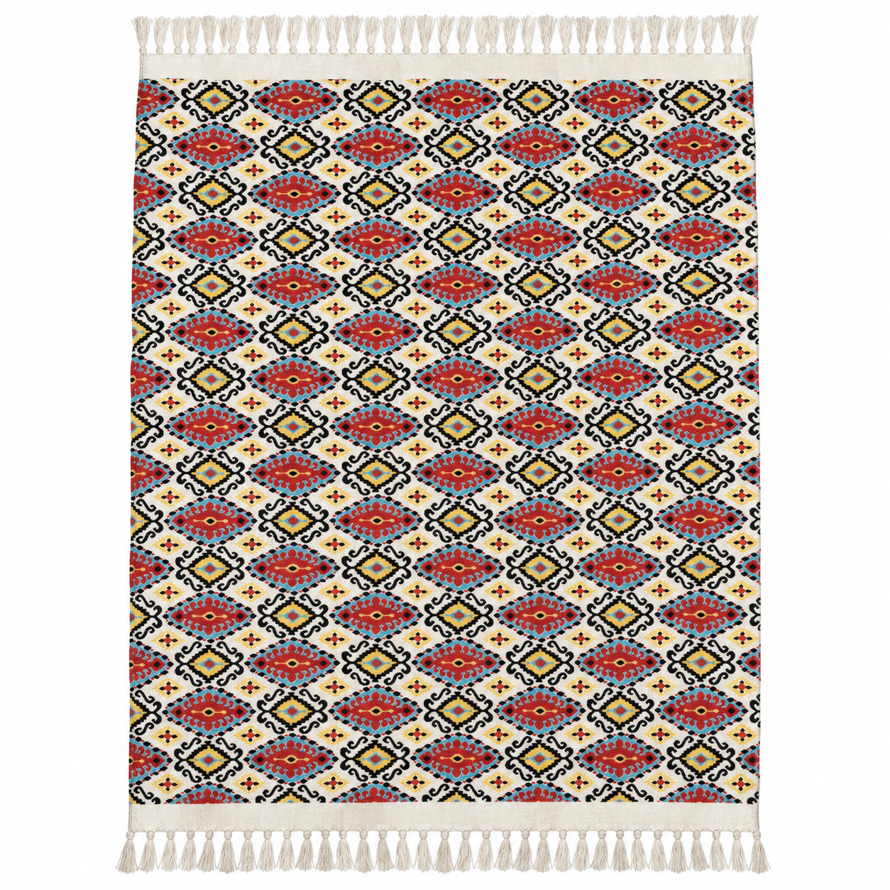 Flat lay of red teal mustard Aztec Kilim diamond medallion cotton sofa throw with fringe
