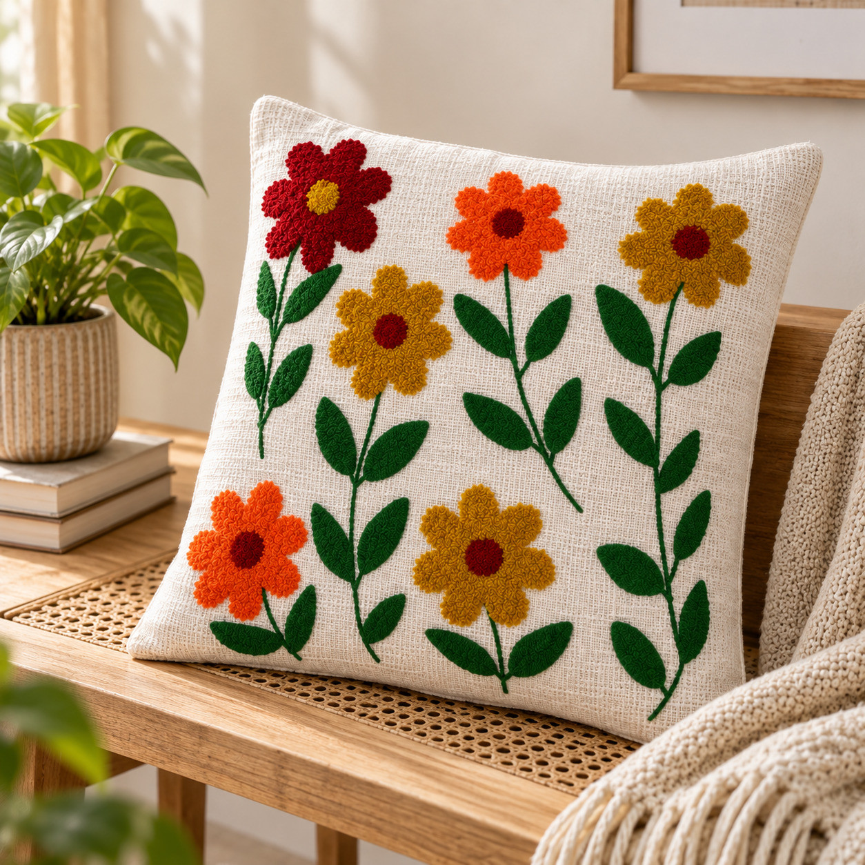Floral embroidered cushion cover 16x16 inch displayed on wooden bench with potted plant