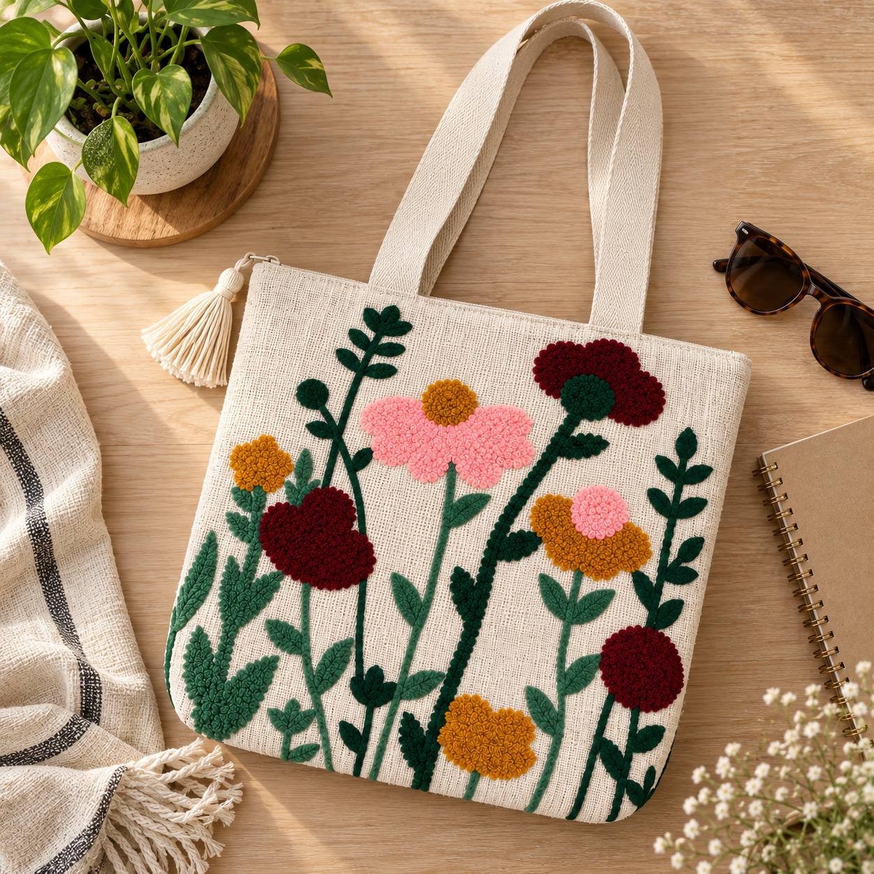 Floral embroidered tote bag flat lay on wooden table with plant and sunglasses