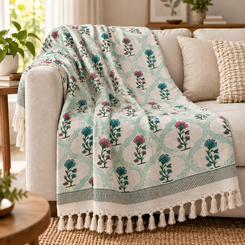 Image of Pink &amp; Blue Floral Trellis Hand Block Printed Cotton Sofa Throw