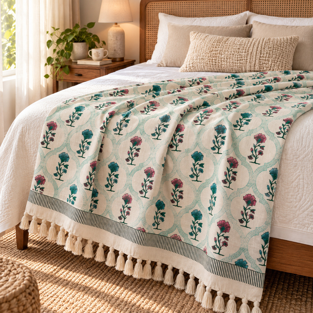 Floral trellis print cotton sofa throw draped over bed with striped border and tassels