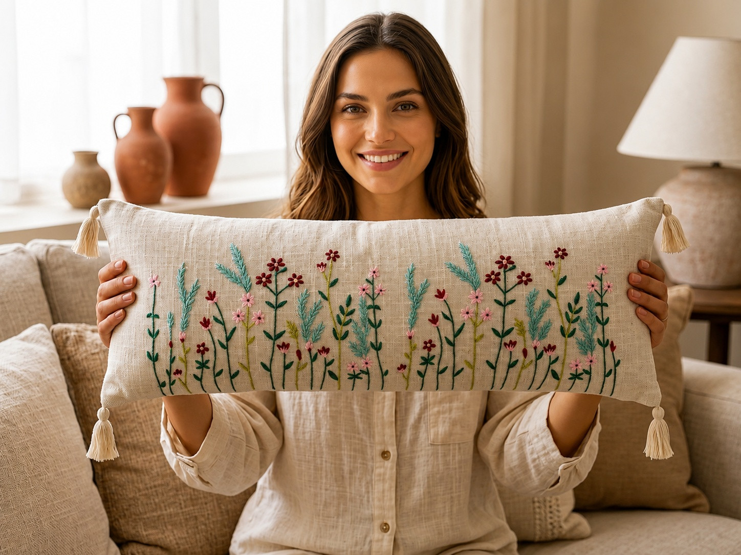 Woman holding ivory lumbar cushion cover with delicate embroidered wildflower meadow design