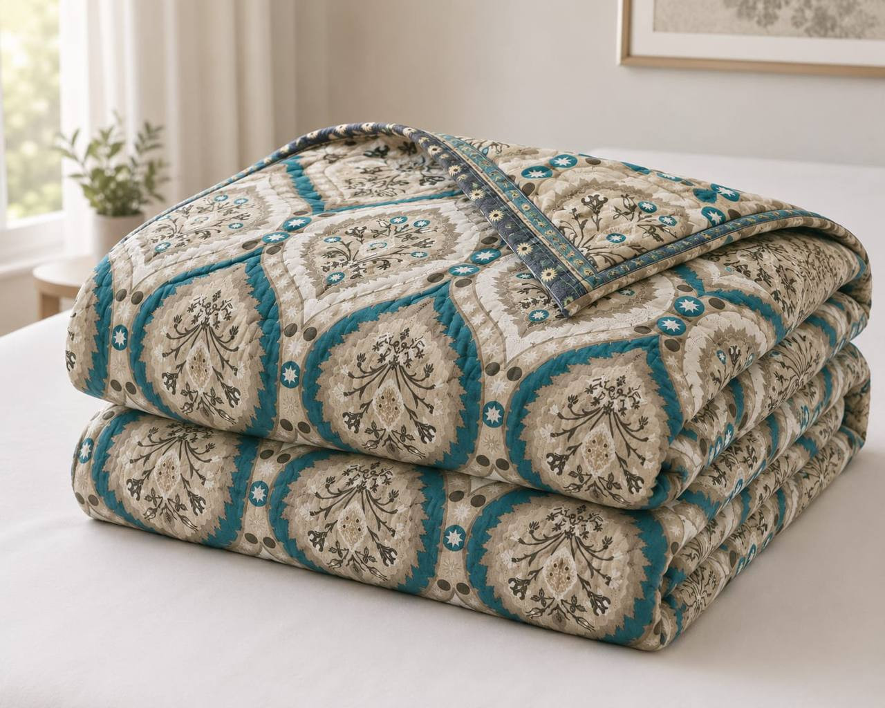 Folded cotton quilted comforter in teal medallion print showing navy floral piped border detail