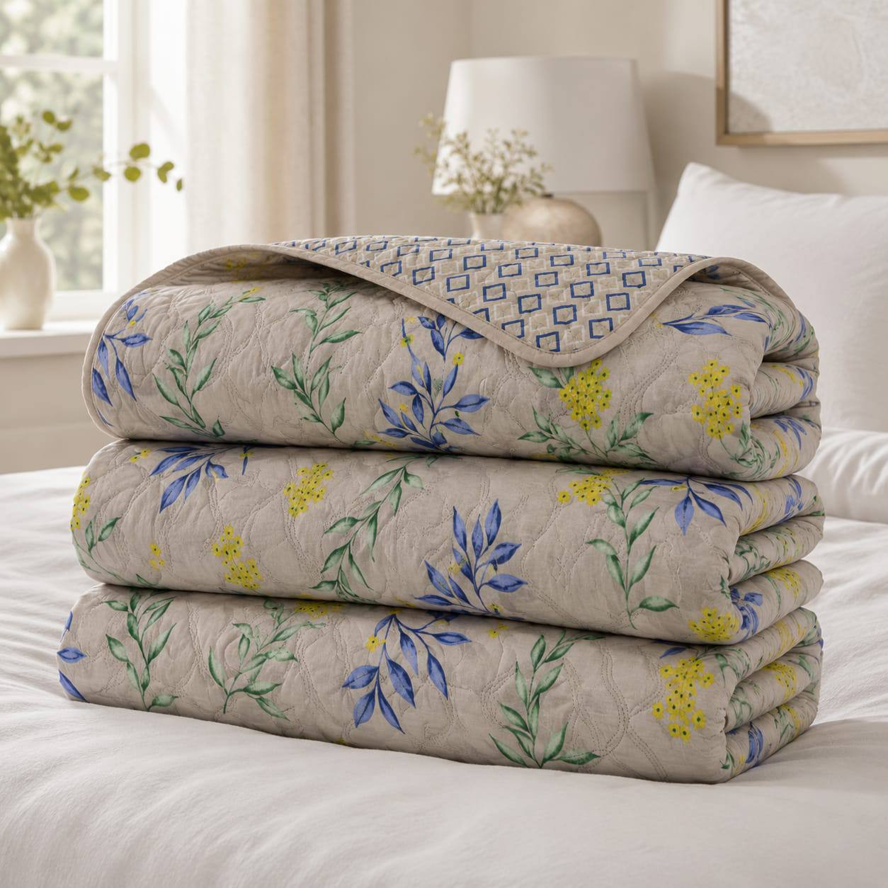 Folded double bed cotton quilted comforter in blue-green leaf print with reversible blue diamond lattice corner flip